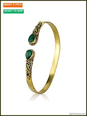 Emerald Brass Adjustable Bangle Bracelet Boho Tribal Chic